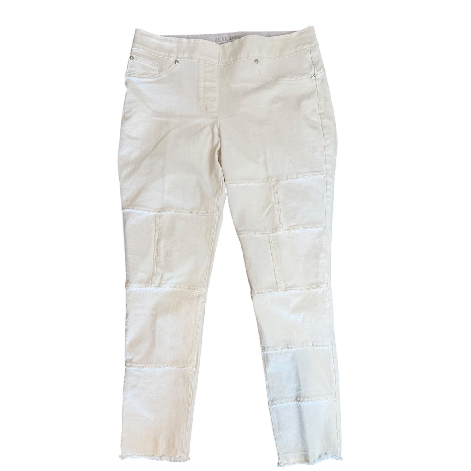 Luxe Denim Womens White Patchwork Skinny Ankle Pull On Jeans L 14/16